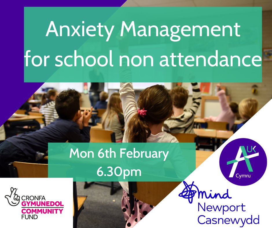 AUKCymru's tweet image. Join us for a special workshop with @NewportMind , next Monday, with tips and advice for managing anxiety around attending school. 

🗓️ Mon 6th Feb
🕡 6.30pm - 8.00pm
📍 Zoom
Find out more and register: 
🔗aukmindebsna.eventbrite.co.uk