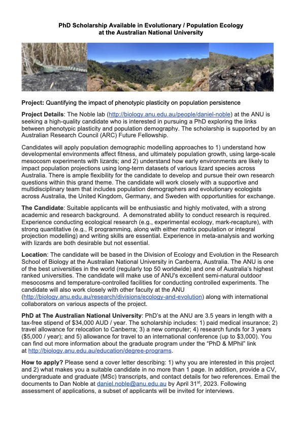 Daniel Noble 🇦🇺🇨🇦 (@danielwanoble) on Twitter photo 🚨 PhD Opportunity 🚨 - I’m looking for a student interested in population / evolutionary ecology to come join my group in <a href="/EcoEvo_ANU/">Ecology&EvolutionANU</a> <a href="/BiologyANU/">Biology at ANU</a> as part of an ARC Future Fellowship! Come work with a fantastic team in a fantastic place! Please RT 🚨 PhD Opportunity 🚨 - I’m looking for a student interested in population / evolutionary ecology to come join my group in <a href="/EcoEvo_ANU/">Ecology&EvolutionANU</a> <a href="/BiologyANU/">Biology at ANU</a> as part of an ARC Future Fellowship! Come work with a fantastic team in a fantastic place! Please RT