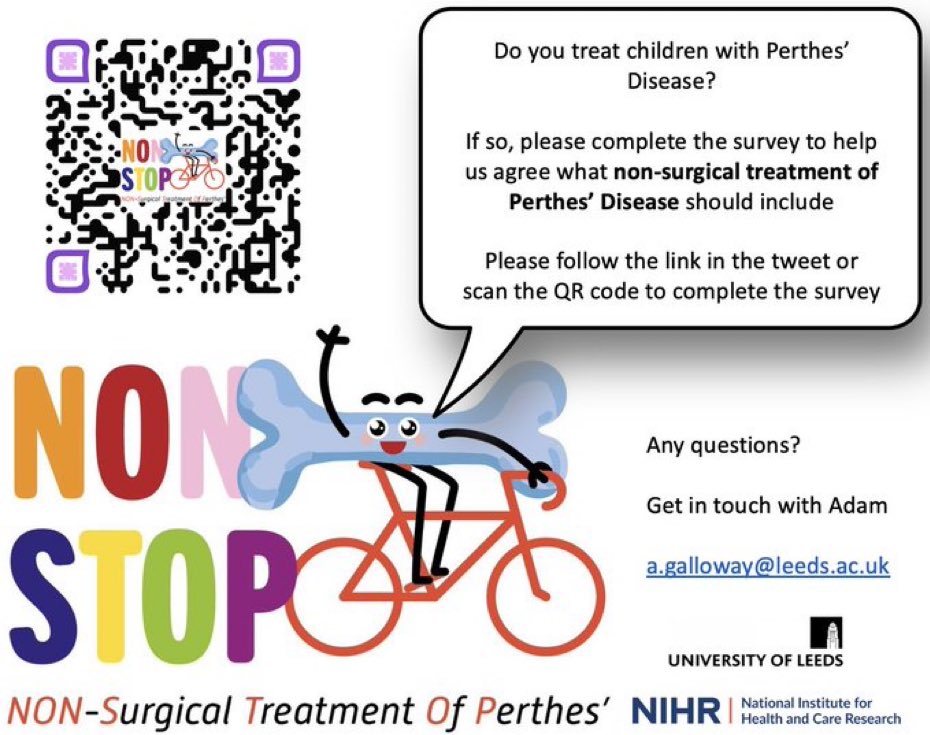 🚨ONE DAY TO GO!🚨

Round one of the #NIHR <a href="/NONSTOPPhD/">NON-STOP</a> #Delphi closes tomorrow

If you treat children with #Perthes Disease please take ten minutes to complete the survey below👇

🔗leeds.onlinesurveys.ac.uk/non-stop-delphi

Please feel free to share with colleagues🙏

#PerthesDisease #AGCDRF #PhD
