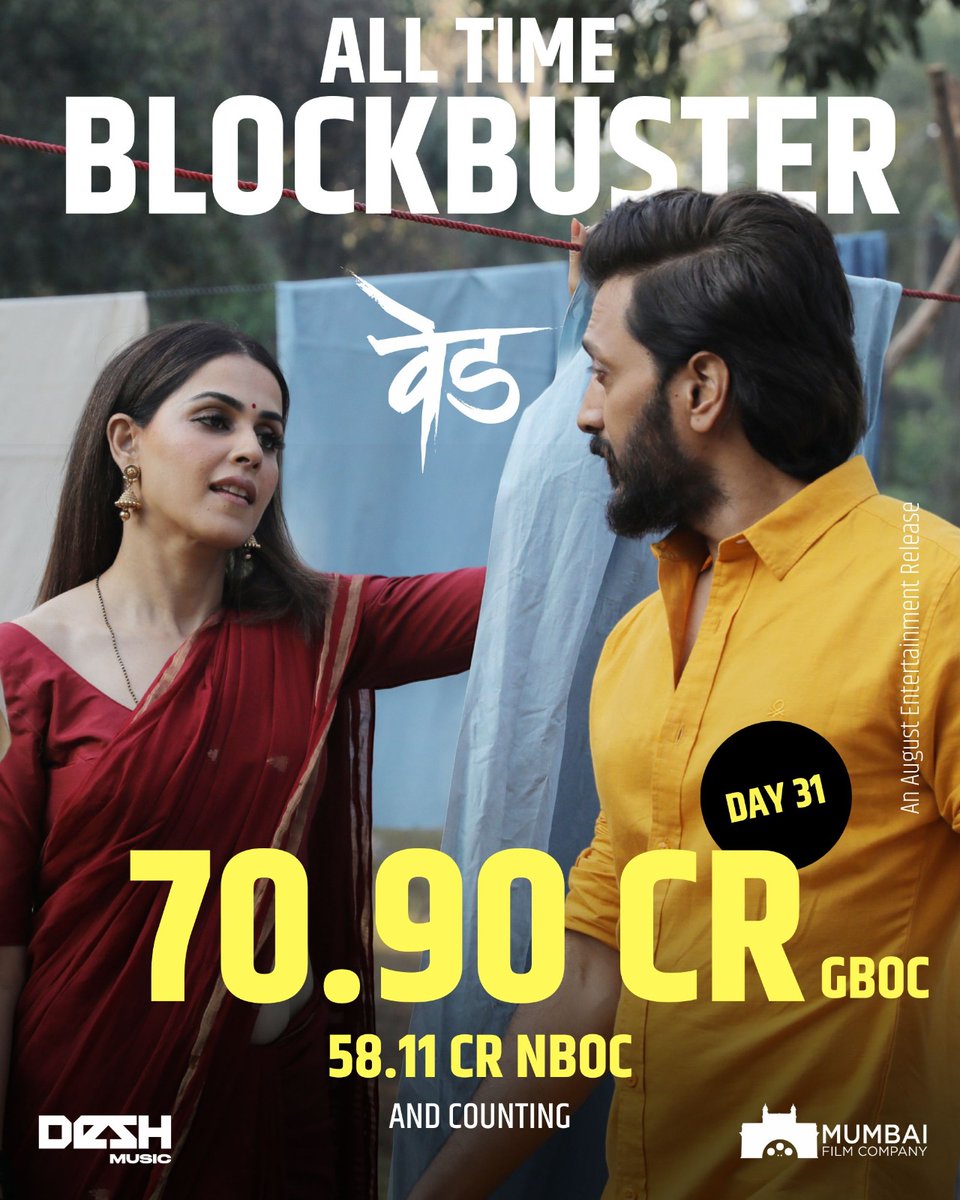 As we enter the 5th week with housefull Boards across Maharashtra… we can’t thank you enough for the unconditional love that you are showering upon #Ved
VED has Grossed 70.90 Crs at the Box Office in 31 days and still going strong..