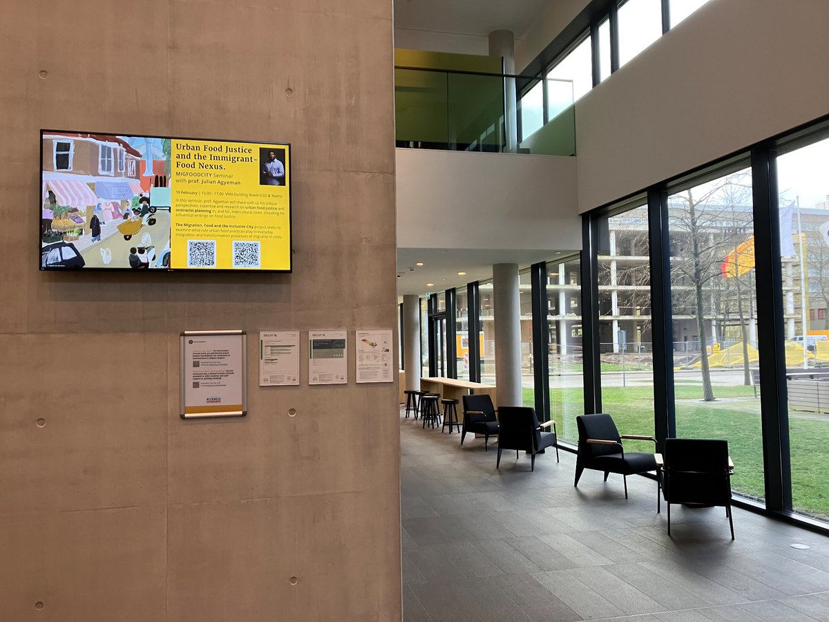 Filippa_Sara's tweet photo. nice surprise coming into the office on Monday morning: seeing the illustration of Kanaalstraat by resident and artist Agatha (mooon.moms) in the VMA building @SGPL_UU for the upcoming MIGFOODCITY seminar with @julianagyeman https://t.co/75DOmnB7P9