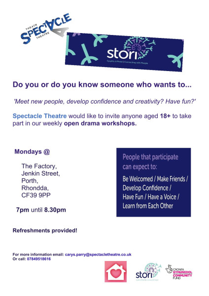 Spectacle Theatre would like to invite anyone aged 18+ to take part in their weekly open drama workshops on Monday evenings. 

Be welcomed by a team of bilingual, friendly staff at their Warm Welcome Centre.

Find out more on Connect RCT at: connectrct.org.uk/activity/adult…