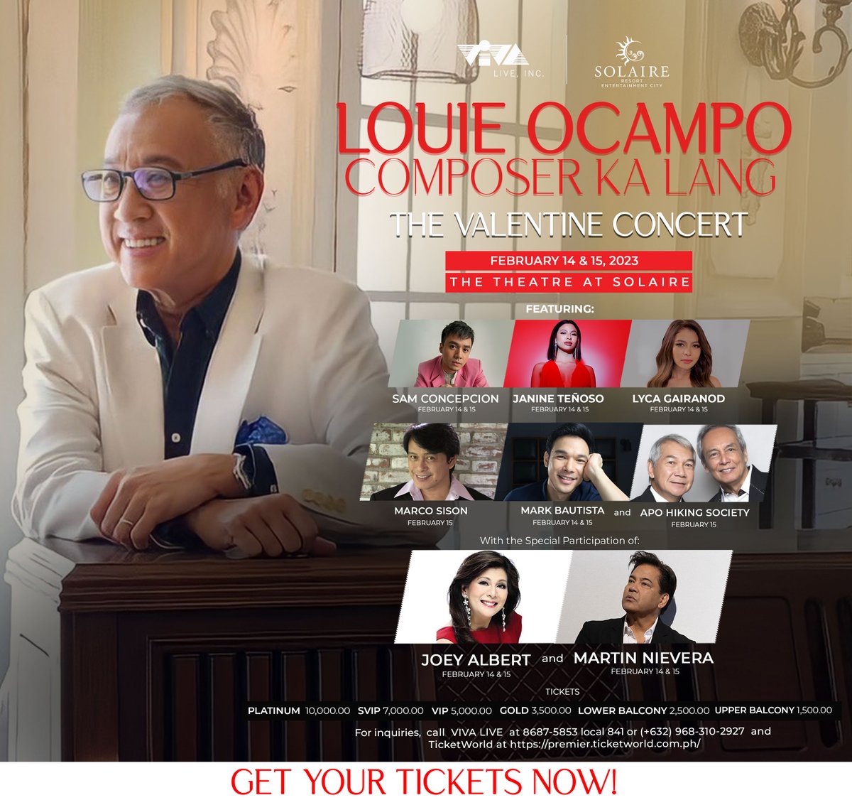 vaa_live's tweet photo. Maestro Louie Ocampo is back to spend Valentine’s Day with his classic love songs this February 14 &amp; 15, 2023 at The Theatre at Solaire! 

For inquiries,  call  VIVA LIVE  at 8687-5853 local 841 or (+632) 968-310-2927  and TicketWorld at https://t.co/NAsfT4HDKl https://t.co/mzOX1Lba4O