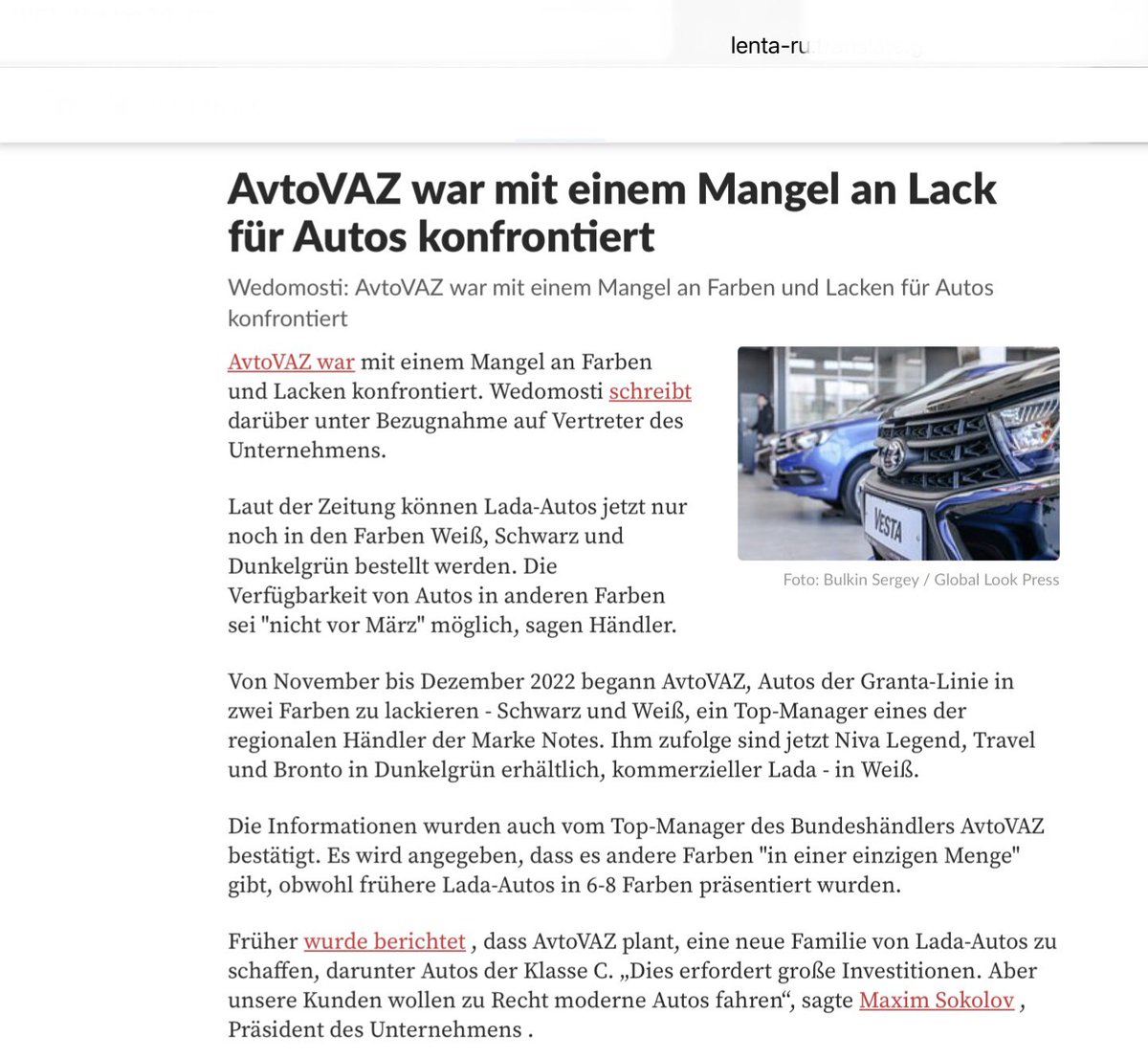 herbstzeit2018's tweet photo. Die russische #Autowelt wird trister. Wegen eines Mangels an Farbe wird der neue Lada derzeit nur noch in Schwarz, Weiß oder Dunkelgrün
#RussianWarCrimes #Sanktionen https://t.co/jy1hWdWK6A