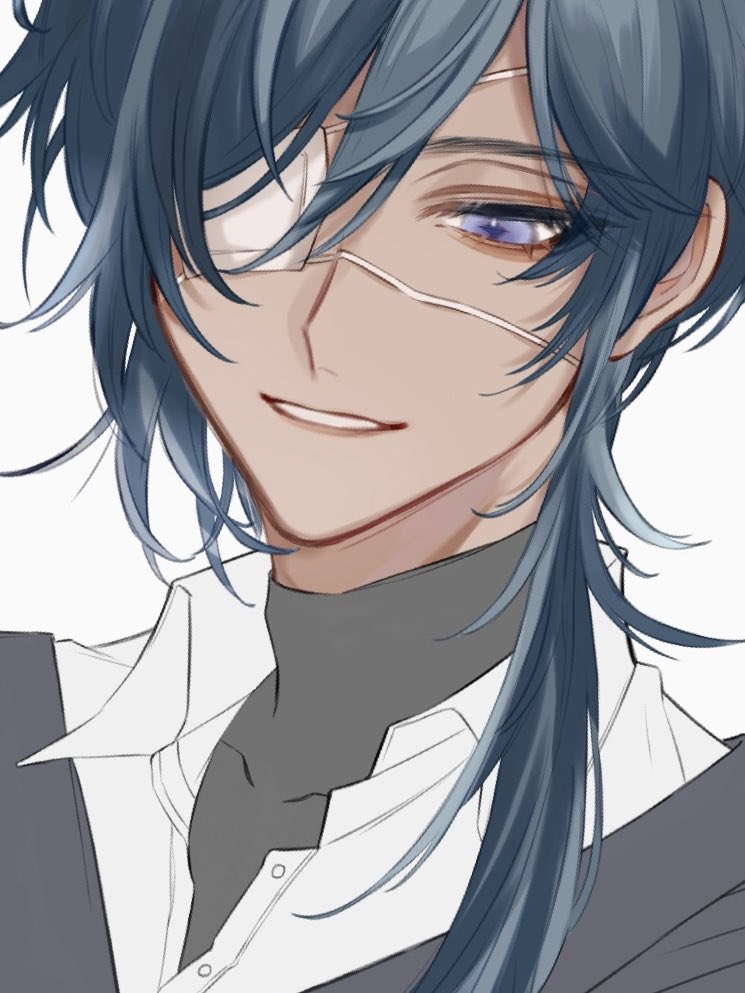 kaeya (genshin impact) 1boy eyepatch male focus solo blue hair dark skin blue eyes  illustration images