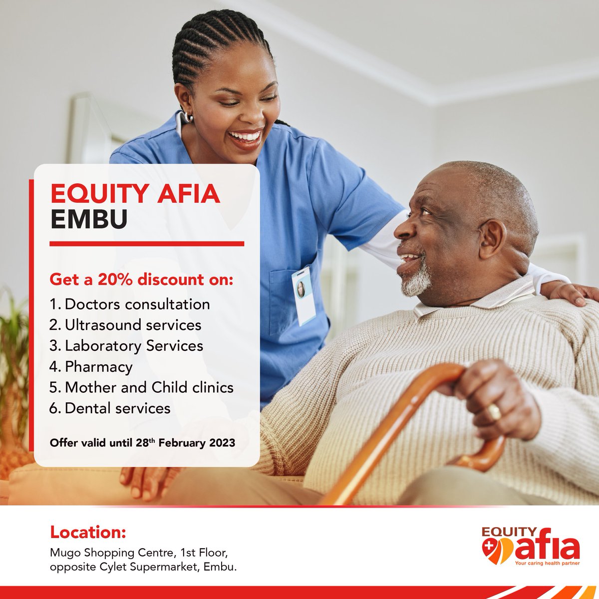 EquityAfya's tweet photo. Access quality, affordable healthcare at #EquityAfia Embu Medical Centre and enjoy a 20% discount on all services, from Doctor's consultation, Dental and Optical services to screenings, lab tests and much more. https://t.co/k4dxyJOaiZ