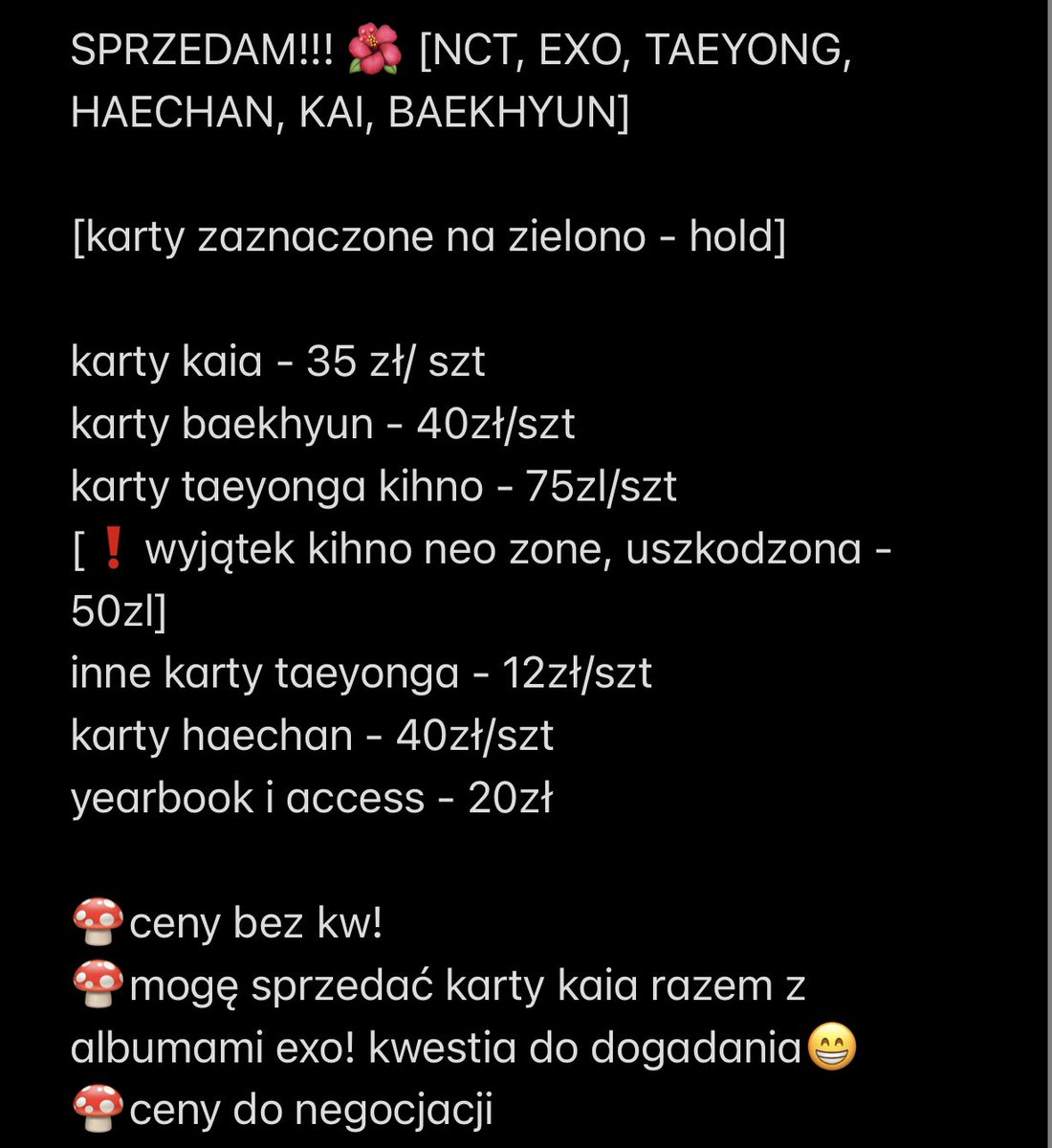 tyongni's tweet photo. SPRZEDAM!!! 🌺
 [NCT, EXO, TAEYONG, HAECHAN, KAI, BAEKHYUN]

ciąg dalszy niżej!

🏷️ #sprzedamkpop #kpoptwt #sprzedamkarte #exo #kai #baekhyun #taeyong #haechan #sprzedam https://t.co/oQE0INn5no