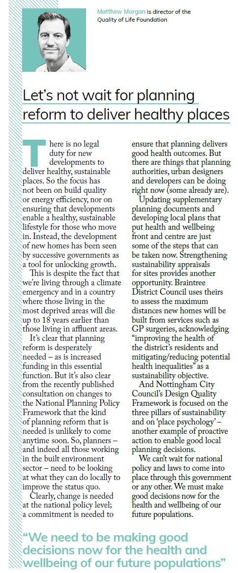 'We need to be making good decisions now for the health & wellbeing of our future populations' - 

@matthew_morgan_ explains why we shouldn't wait for #PlanningReform to start putting #HealthAndWellbeing at the heart of decisions (in the latest @ThePlanner_RTPI) #Planning #NPPF