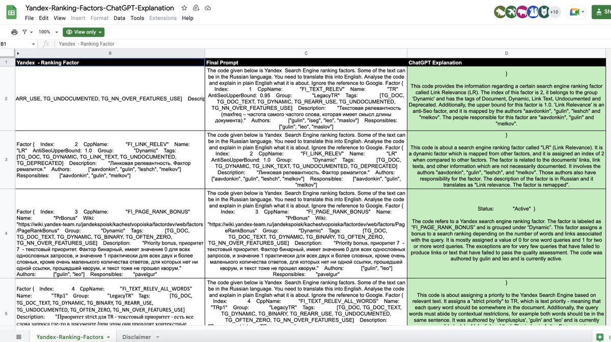 Yandex leaked ranking factors code explained by ChatGPT 🤯 Brilliant idea by <a href="/TharinduSM/">Tharindu Gunawardana</a> 👏 Check it out: 

docs.google.com/spreadsheets/d…