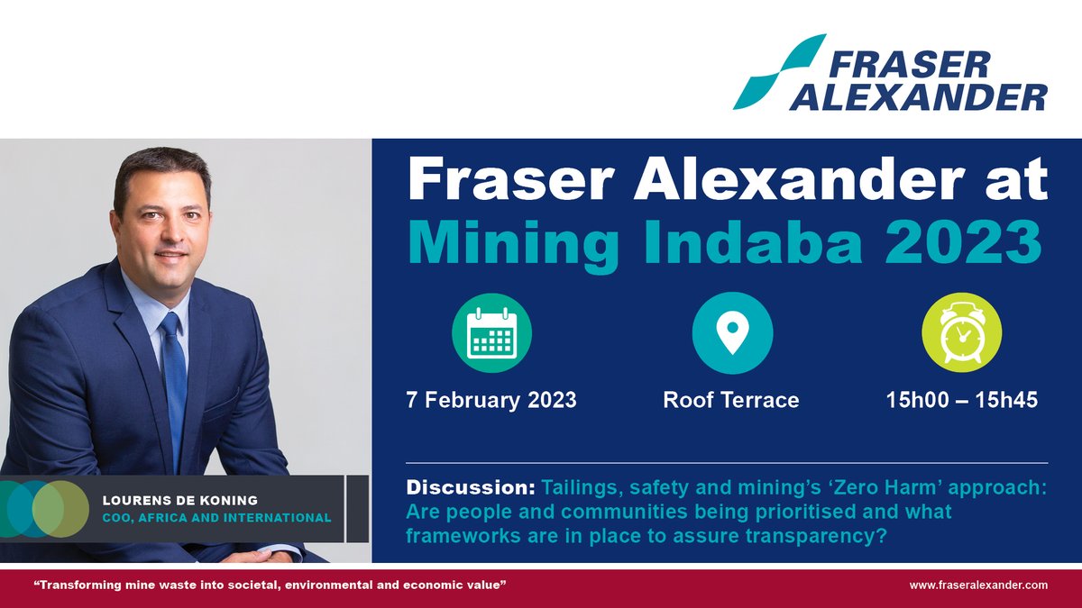 Fraser Alexander (@fraser_pty_ltd) on Twitter photo Look out for Fraser Alexander’s COO (Africa and International), Lourens de Koning, who will join a panel of experts to discuss tailings and mine safety at the upcoming 2023 <a href="/MiningIndaba/">Mining Indaba</a> in CPT. Find out more about the event here: miningindaba.com
#MI23 #FutureFraser Look out for Fraser Alexander’s COO (Africa and International), Lourens de Koning, who will join a panel of experts to discuss tailings and mine safety at the upcoming 2023 <a href="/MiningIndaba/">Mining Indaba</a> in CPT. Find out more about the event here: miningindaba.com
#MI23 #FutureFraser