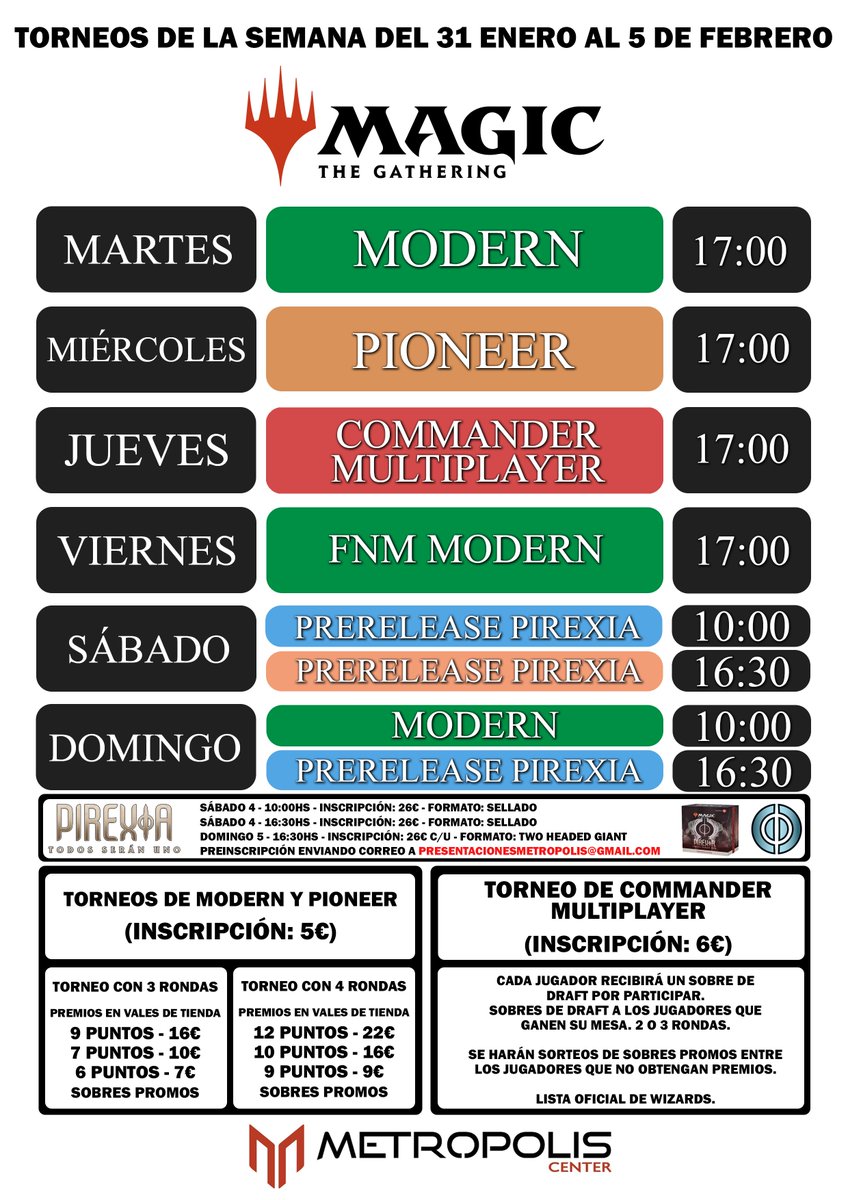 Ya tenéis disponibles los torneos de esta semana!!!

Llegan las Presentaciones de Pirexia y el Premiere Event de lo nuevo de Yu-Gi-Oh!: Hipernova Fotónica.

Preinscripciones a presentacionesmetropolis@gmail.com

Os esperamos a todos y a todas!!! ❤️+🔁=😍
