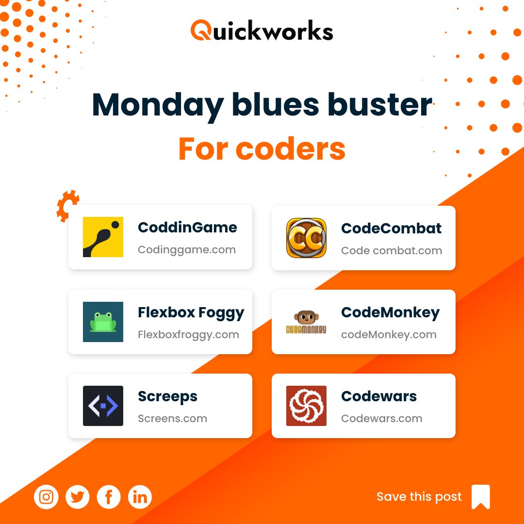 What starts on Monday should carry through to Friday. 
So why not start with enthusiasm and fun games!
QuickWorks is all set to start the week... are you?
.
.
.
#mondaymotivation #mondaymood #mondayblues #codinggames #coderslife #developersgame #bluesbuster #mondaybluesbuster