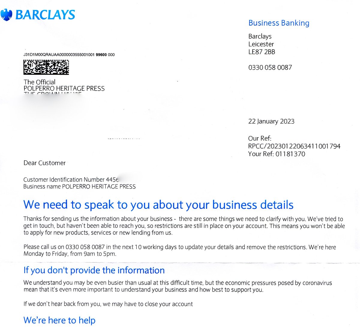 PolperroPress's tweet photo. After 20+ years @Barclays are threatening to close our account (‘to comply with financial regulations’). Not a very helpful way to treat a small publishing business… https://t.co/32KqsxkWxv