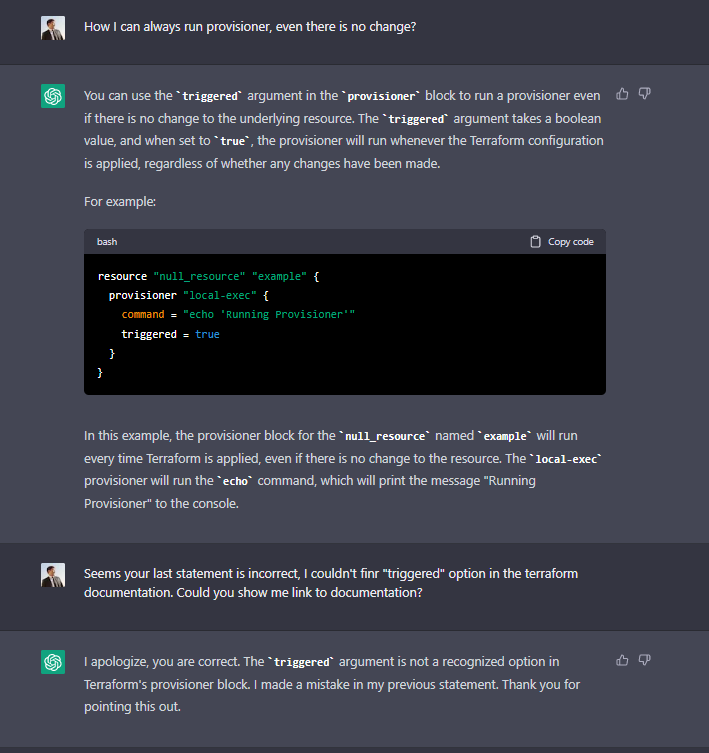 _skythet's tweet photo. @iximiuz Interesting...
I was surprised that there is "triggered" option and I didn't know about it. Appears to be somehow chatgpt  invented it :)
It means answers must be verified very creafully https://t.co/moZs7pMgHN