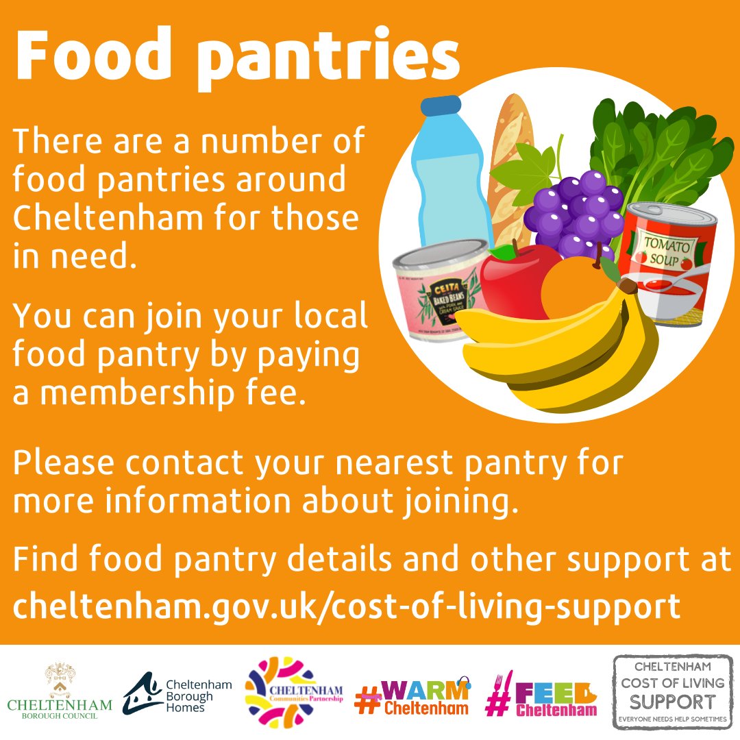 If you're struggling to cover the cost of rising food bills, help is available. 
There are a number of food pantries and banks in #Cheltenham where you can shop for food for a small membership fee. Find out more ⬇️
cheltenham.gov.uk/food-support  #costofliving