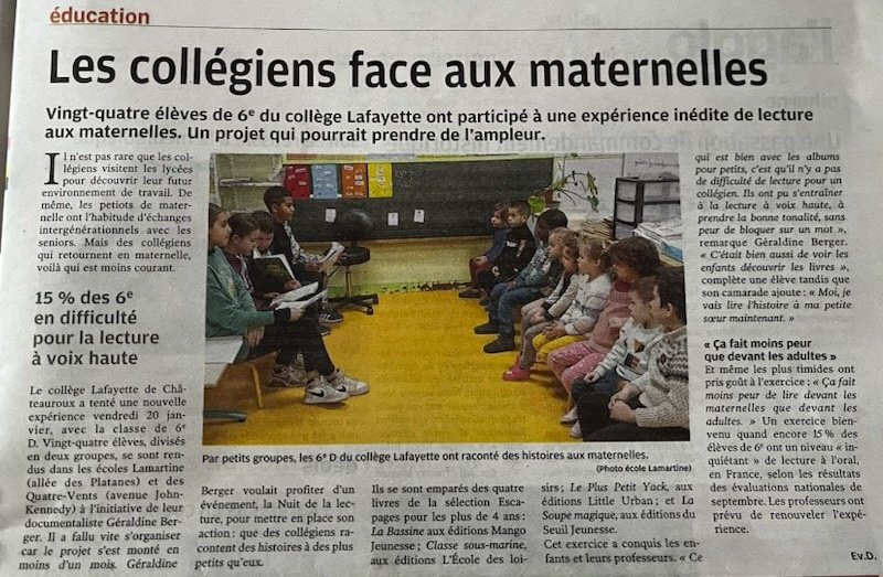 LaFayette036's tweet photo. Quand les 6ème du collège @LaFayette036 rencontrent les maternelles des écoles Lamartine et des Quatre-Vents pour leur raconter des histoires 📖
Très belle initiative @GeraldineB036 !
@nrchateauroux
#chtx
#lecture https://t.co/xsyXI8drEY