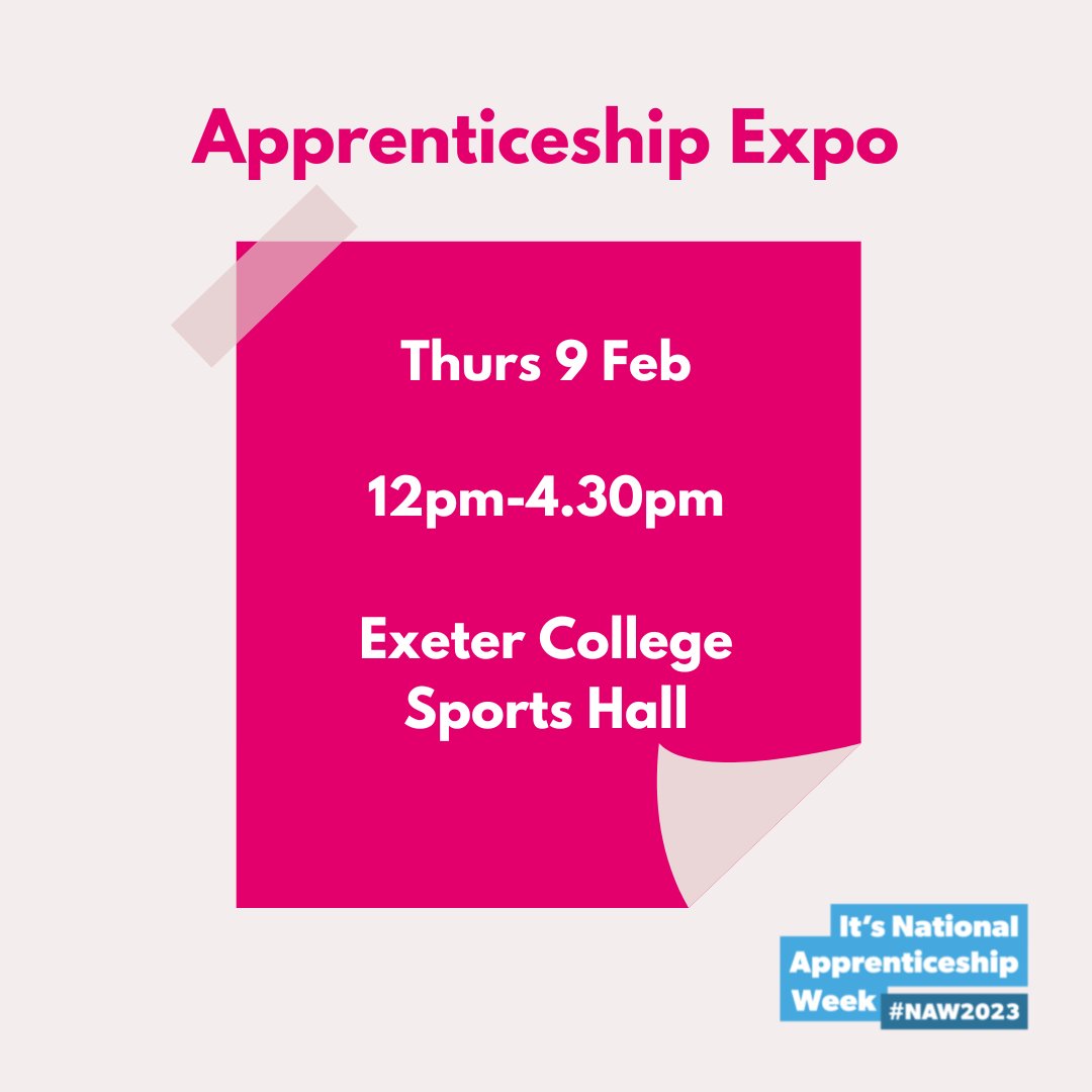 Visit the biggest #apprenticeship event of the year in the South West. Join the FREE Apprenticeship Expo at @ExeterCollege on Thurs.

📅 Thurs 9 Feb
⏰ 12pm-4.30pm 
📍 #ExeterCollege Sports Hall 

#Exeter #Devon #SouthWest #NationalApprenticeshipWeek2023 #NAW2023 #SouthWest