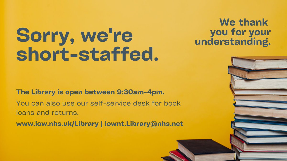 We are open between 9.30am - 4pm today and tomorrow.  All services are running normally but we may be a little slower than normal responding to emails.  @IoWNHSEducation iow.nhs.uk/library