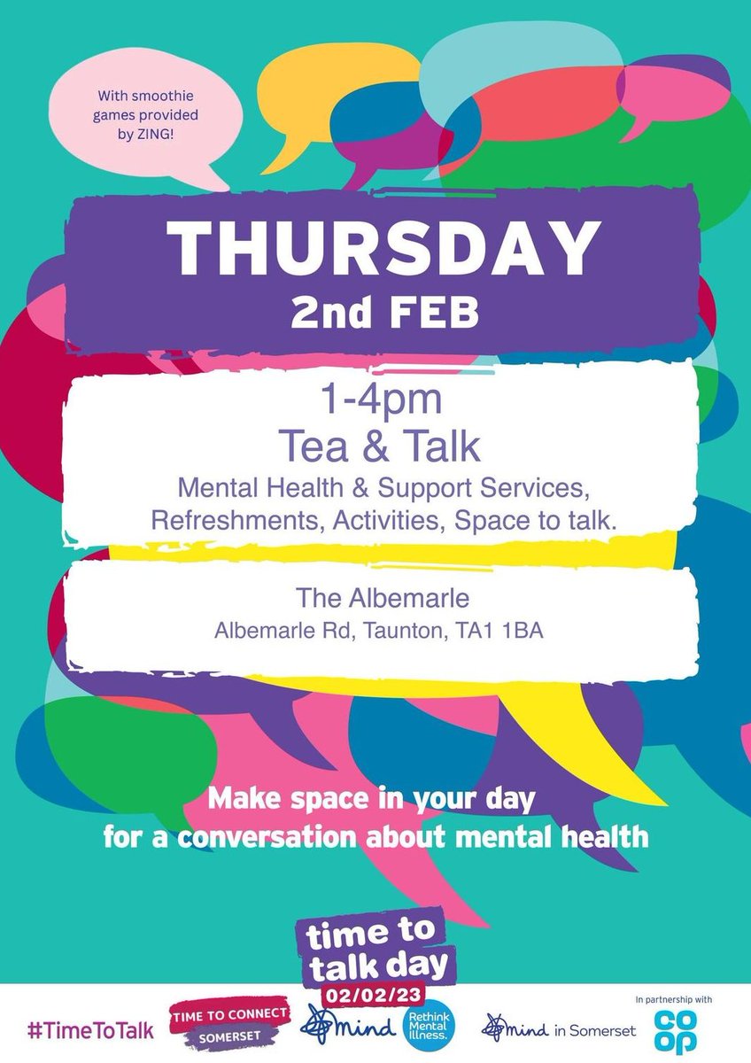 It’s time to talk day this Thursday. Conversations have the power to change lives. Make space in your day this #TimetoTalkDay for a conversation about mental health. If you are in #Taunton @MindinSomerset are hosting a free Tea & Talk event, see the poster below 👇