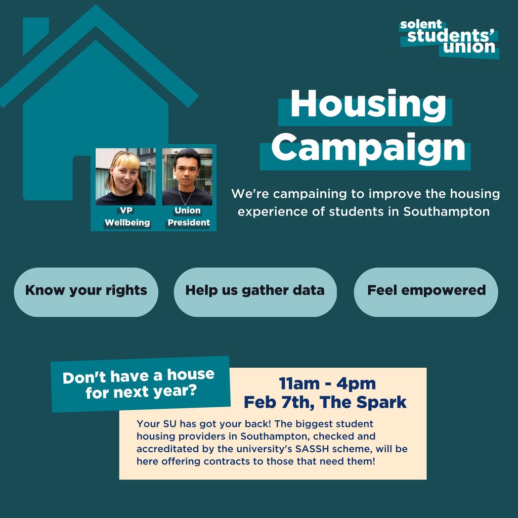 SolentSU's tweet photo. Next Tuesday we have a housing event run by our VP Wellbeing and Union President! 🏠️
Head over to the Spark 11am - 4pm, Tuesday 7th to learn more about housing and explore your options for the next academic year.
#SolentSU #HousingEvent https://t.co/YZt1Xl0m0Z