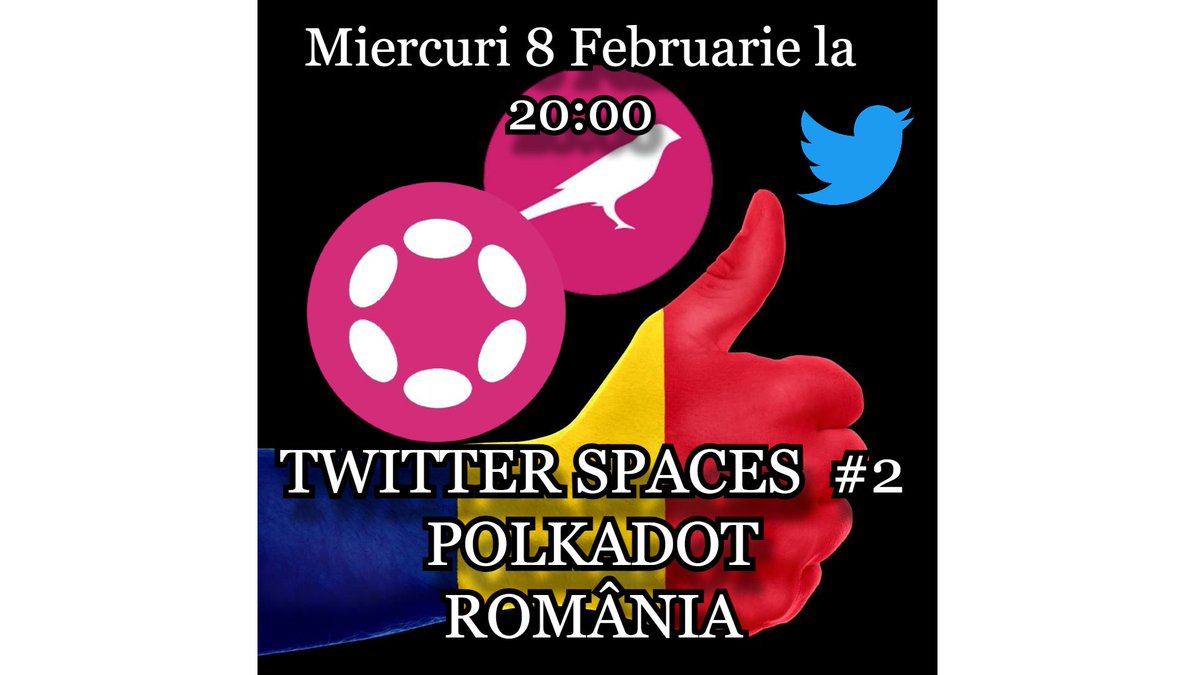 Alătură-te discuției pe Twitter Spaces #2 cu comunitatea #PolkadotRomânia Miercuri, 8 Feb la ora 20:00 împreuna cu Ambasadorul Polkadot <a href="/grgtnscr/">GRGTNSCR</a> !

Subiectul:
✔️Ultimele știri din ecosistem
✔️Podul de conectare Kusama - Polkadot 
✔️Folosesc românii XCM ?
x.com/i/spaces/1mnGe…