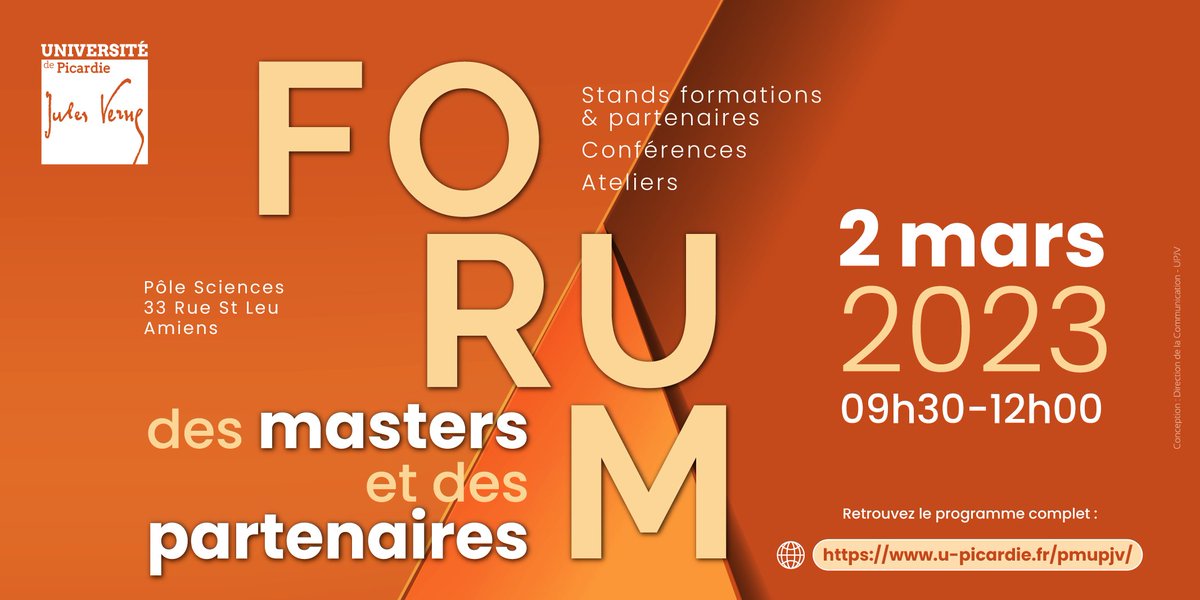 UPJV_Univ's tweet photo. La 3e édition du Forum des Masters et des Partenaires #FMP3 c'est le 2 mars 2023 de 9h30 à 12h !
Quel master après sa licence ? Quelles opportunités après un bac+5 ?
Programme 👉 https://t.co/WNrUYppnvY https://t.co/Z1dX3YXnh6