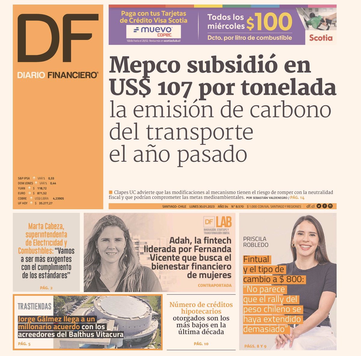 ClapesUC's tweet photo. [PORTADA @DFinanciero] Mepco subsidió en US$ 107 por tonelada la emisión de carbono del transporte el año pasado. Informe de #ClapesUC, advierte que las modificaciones al mecanismo podrían romper con la neutralidad fiscal y comprometer las metas medioambientales https://t.co/QrgycAna7L