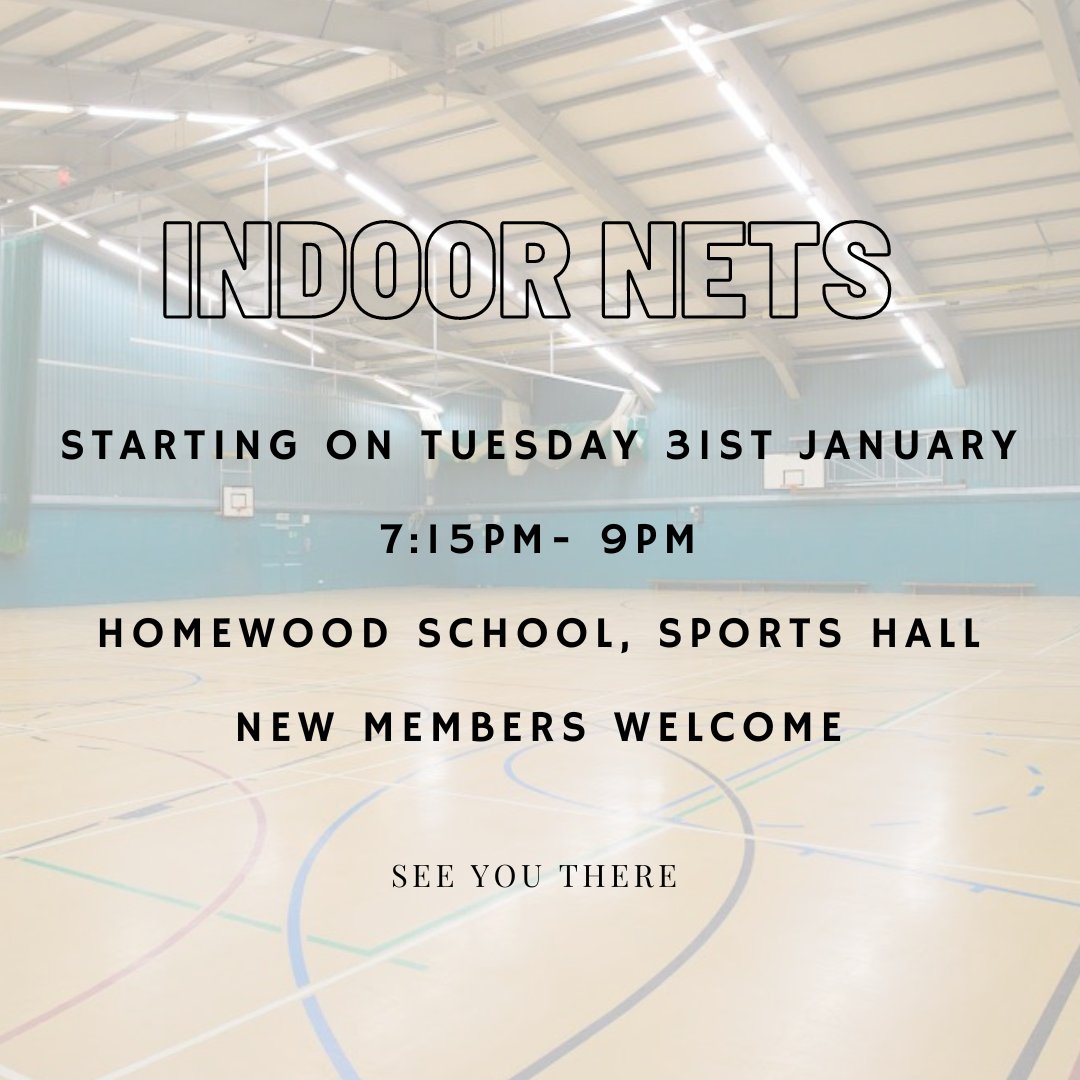It’s that time of year again. Our indoor nets practice begins on Tuesday 31st January at 7:15pm at Homewood School.

Open to club members and anyone looking to join the club this year. We’re a friendly bunch, promise! 

You don’t need to pre-book a space, simply turn up. 🏏