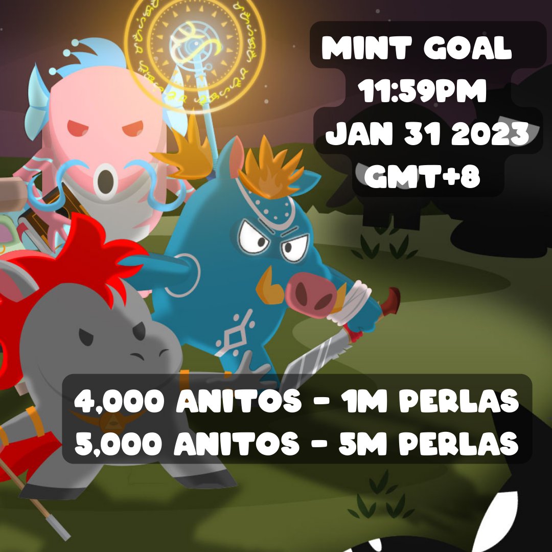 Anito Legends is Free to Play! (@anitolegendsnft) on Twitter photo 📢📢Can we mint 5,000 Anitos in 24 hours? We're packing up the gacha marketplace tomorrow so let's go bonkers! 🧨🧨
If we meet the stretch goals, ALL players get:
✨1 million perlas for 4k Anitos minted
✨5 million perlas for 5k Anitos minted 
#GameFi #CryptoPH #PlayAndEarn 📢📢Can we mint 5,000 Anitos in 24 hours? We're packing up the gacha marketplace tomorrow so let's go bonkers! 🧨🧨
If we meet the stretch goals, ALL players get:
✨1 million perlas for 4k Anitos minted
✨5 million perlas for 5k Anitos minted 
#GameFi #CryptoPH #PlayAndEarn