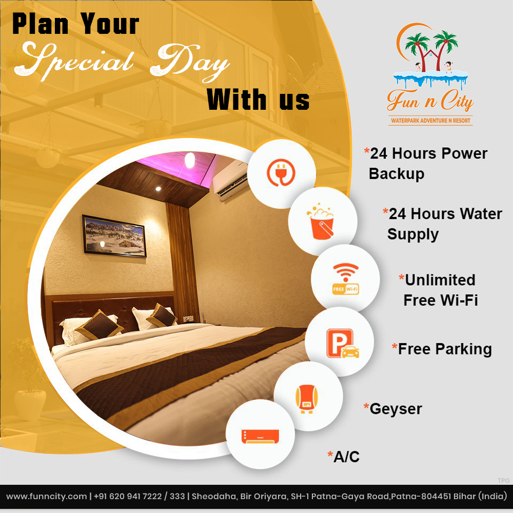 FunnCityPatna's tweet photo. "Plan your special day with us and let us create a paradise vacation you'll never forget" 🏝️ 

#funncitypatna #funncityresort #funncity #belmontefall #belmontefallpatna  #vacations #resortpatna #hotelpatna #rooms #resortrooms #hotelroom #hotelrooms #ResortGoals #ParadiseFound https://t.co/9jbDFbwwNP