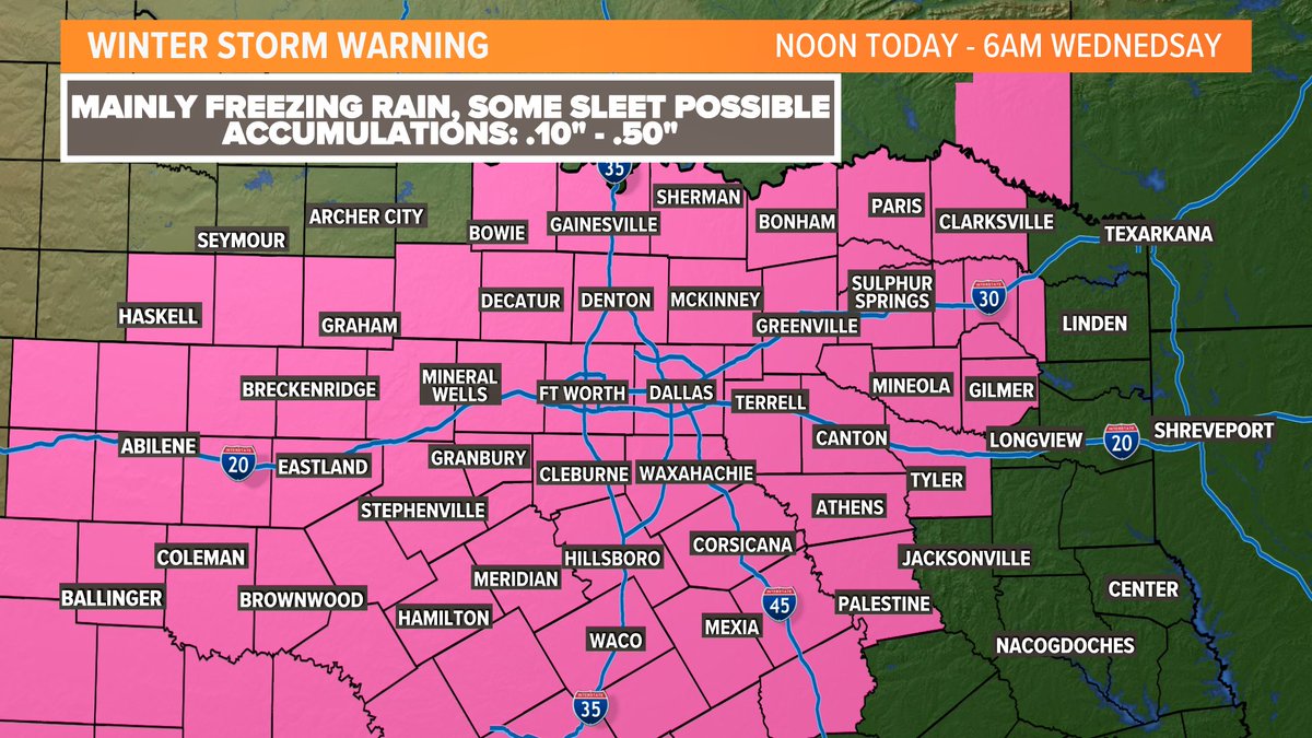 WINTER STORM WARNING has been issued for all of North Texas. It goes into effect today at noon and lasts until 6am Wednesday. Rounds of freezing rain/drizzle and sleet will move across North Texas. Icy roads and travel most likely Tuesday. #wfaaweather