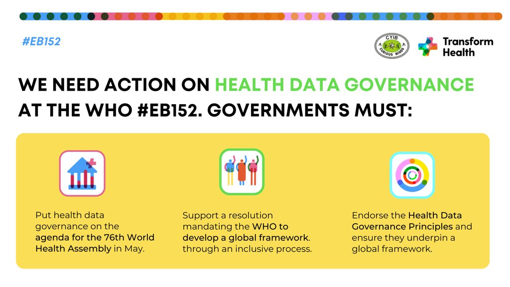 How do we get to a global #HealthDataGovernance framework?

1️⃣ Put on #WHA76 agenda 2️⃣ #WHA76 resolution endorsed by govts 3️⃣ #HealthDataPrinciples guide creation to ensure equity is 

<a href="/cmghana/">Curious Minds Ghana</a> and <a href="/trans4m_health/">Transform Health</a>'s asks from #EB152: transformhealthcoalition.org/building-trust…