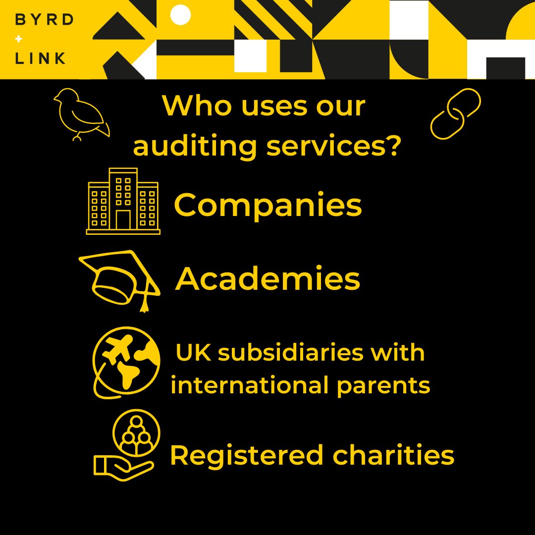 byrdandlink's tweet photo. As registered auditors, Byrd + Link Cheltenham are regulated to carry out audits for:

- Academies 🎓

- Companies 👔

- UK subsidiaries with international parents 🌍

- Registered charities 📢

#Auditors #AuditServices #Accountancy https://t.co/0GlshXRdF2