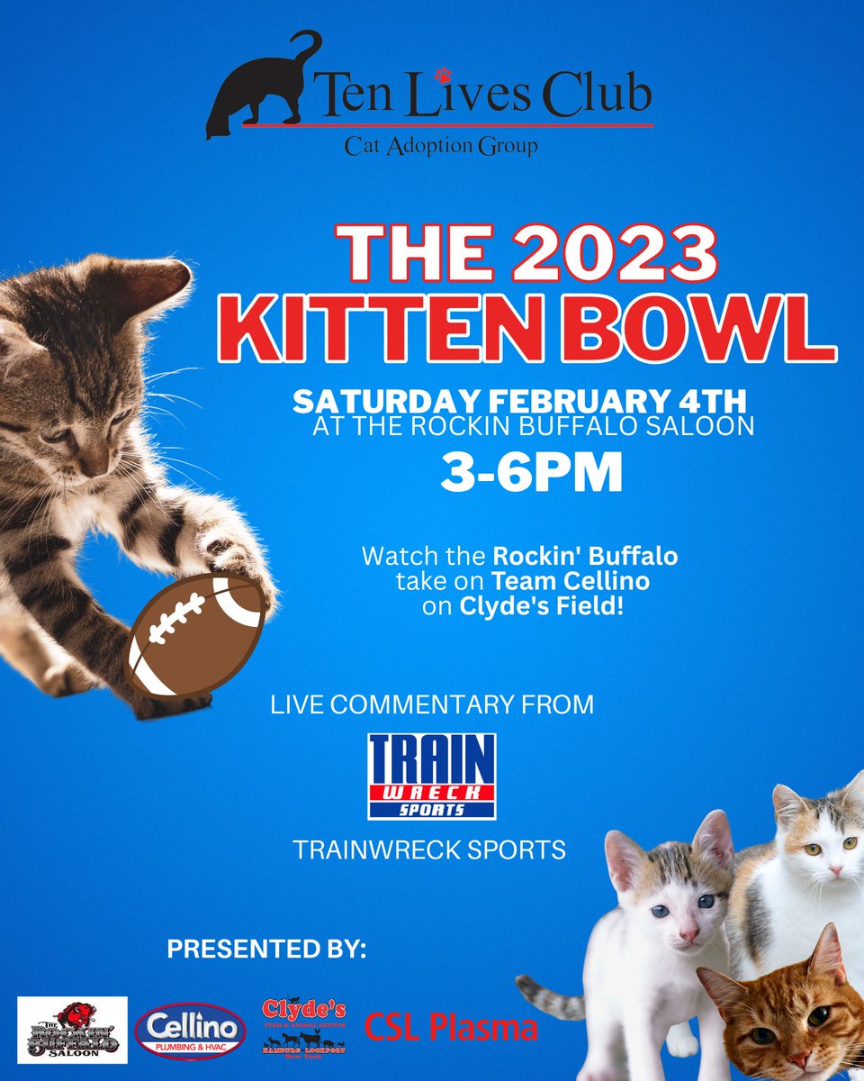 clydesfeed's tweet photo. See Dak Prescat and Team Cellino vs. Shaq Pawson and the Rockin’ Buffalo in the Second Annual Ten Lives Club Kitten Bowl!

Stop by the Rockin’ Buffalo Saloon in West Seneca this Saturday at 3pm to watch the action live and in person with Color Commentary from Trainwreck Sports! https://t.co/wrpI8RDQwa