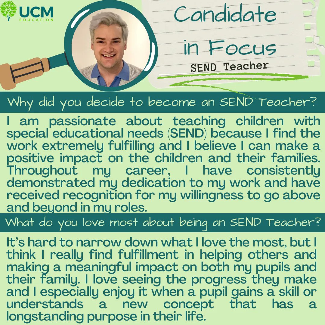 We love to show recognition to the wonderful people we support and learn more about their work. Our Candidate of the month has shared what he loves most about his job and what motivated him to become a SEND Teacher 😊 

#educationrecruitment #teachers #edutwitter