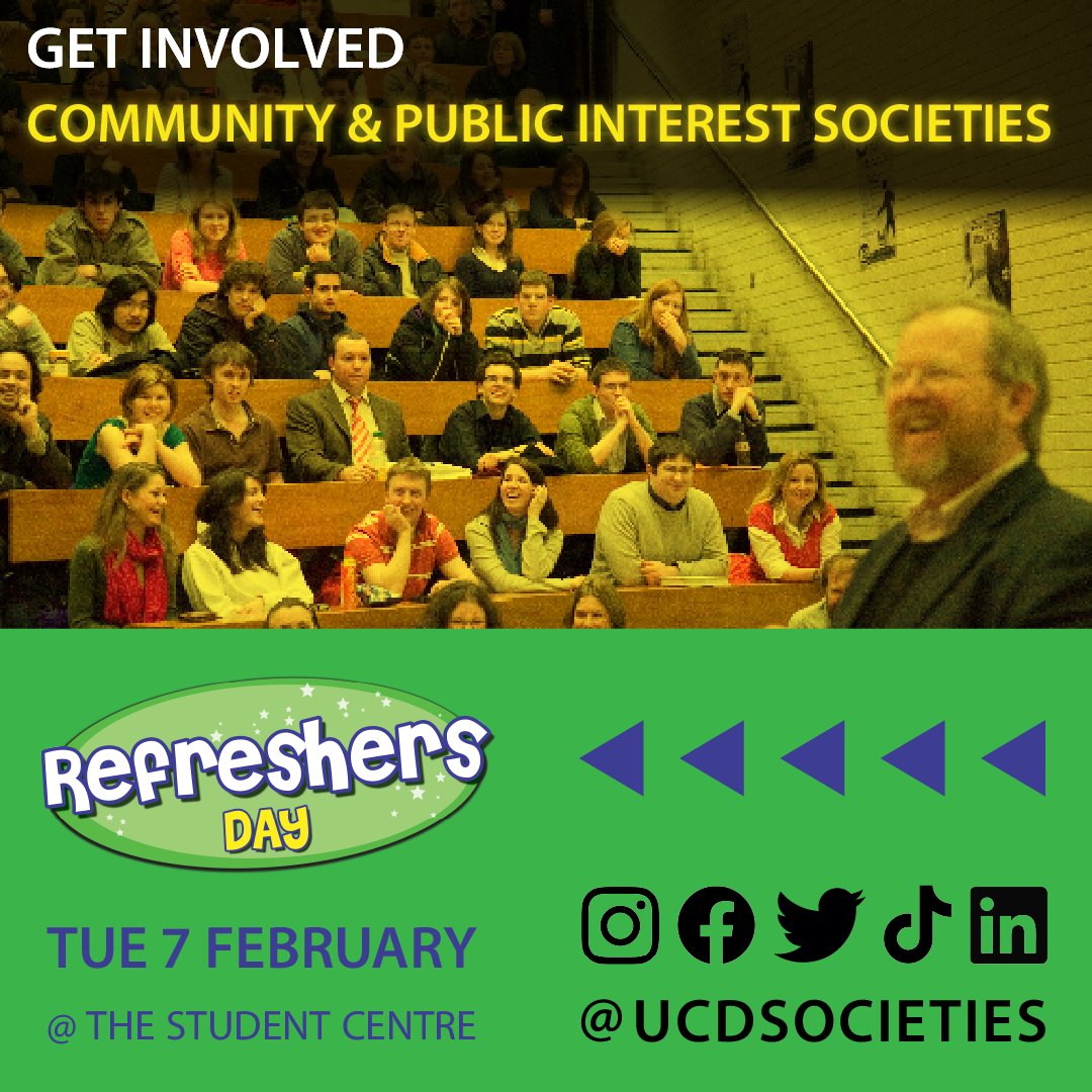 Get involved with #ucdsocieties! Meet some of our community & public interest societies at Refreshers Day on Tuesday 7 February in the Student Centre, Astra Hall (10am - 4pm) 🥰 #ucd #dublin