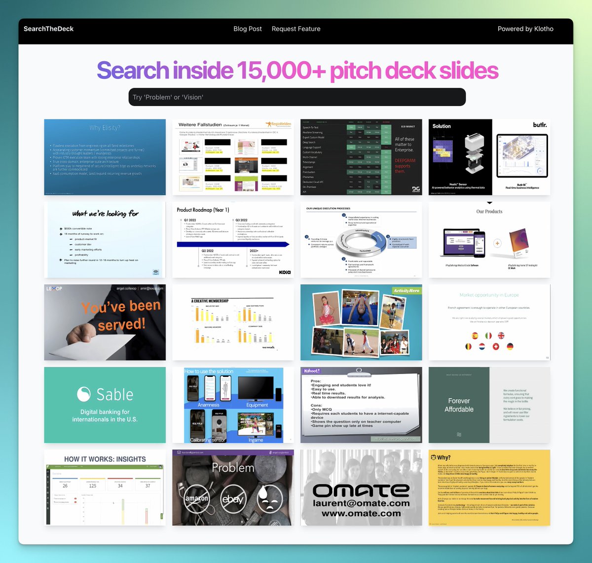jiayuan_jy's tweet photo. 最近在更新 pitch deck 的时候发现一个非常好用的工具：SearchTheDeck

这个网站 OCR 了 15000+ 份 deck，可以直接使用关键词来进行搜索，配合上 ChatGPT deck 几乎不用手写了。

不过根据和投资人做 pitch 的经验来看，deck 是次要的，越简单越好，能说清楚才是最重要的。

https://t.co/uVWSjSQWpY https://t.co/Vy9kFLwFcc