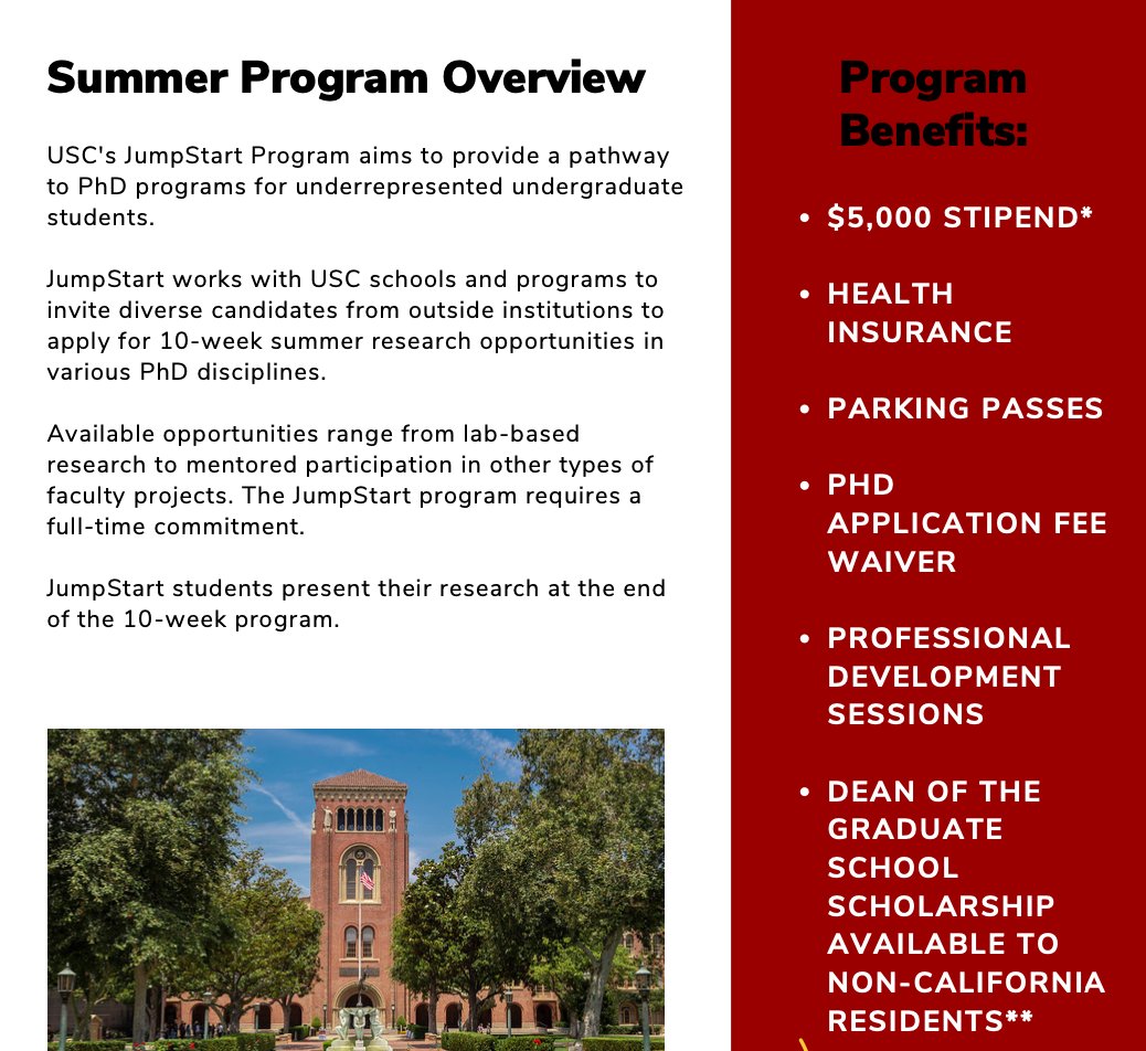 Carly Kenkel (@drcarlshorn) on Twitter photo Application for USC's JumpStart Program is now open! $5k for 10 week research internship + health insurance + prof development - many labs in many disciplines - apply now! provost.sma.usc.edu/prog/jumpstart… Plz RT and share with your eligible students! Application for USC's JumpStart Program is now open! $5k for 10 week research internship + health insurance + prof development - many labs in many disciplines - apply now! provost.sma.usc.edu/prog/jumpstart… Plz RT and share with your eligible students!
