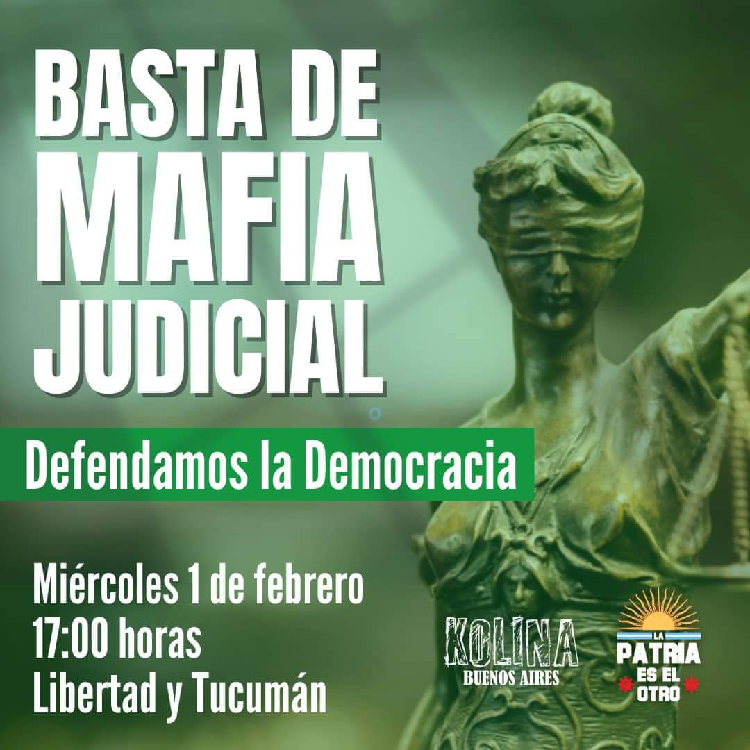 LOLOVELEZ's tweet photo. ❌ BASTA DE MAFIA JUDICIAL ❌

Nos vemos el miércoles 1 de febrero a las 17 hs en Libertad y Tucumán para defender la Democracia. https://t.co/DO6W7Z6zII