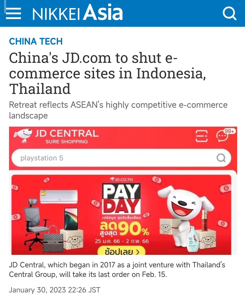 China's JD is to close its e-commerce services in Indonesia and Thailand, retreating from Southeast...