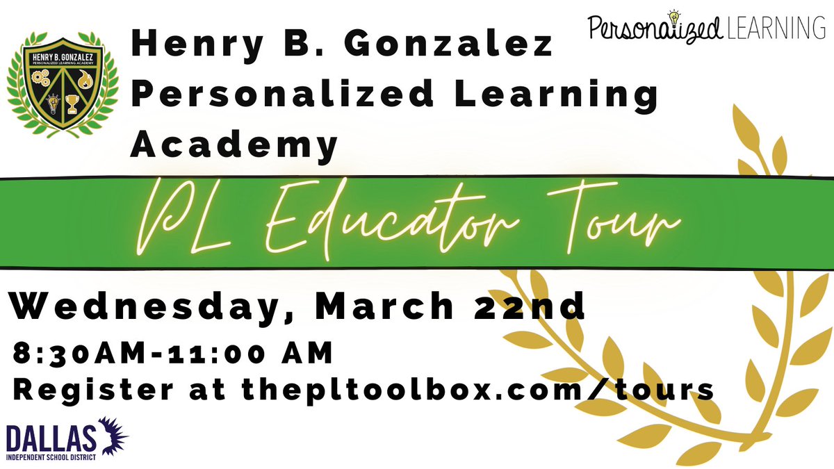 Personalize Dallas ISD (@personalizedisd) on Twitter photo Two more weeks until the <a href="/HBGonzalezPLA/">Henry B. Gonzalez PL Academy</a> educator tour. There's still time to sign up at thepltoolbox.com/tours! Two more weeks until the <a href="/HBGonzalezPLA/">Henry B. Gonzalez PL Academy</a> educator tour. There's still time to sign up at thepltoolbox.com/tours!
