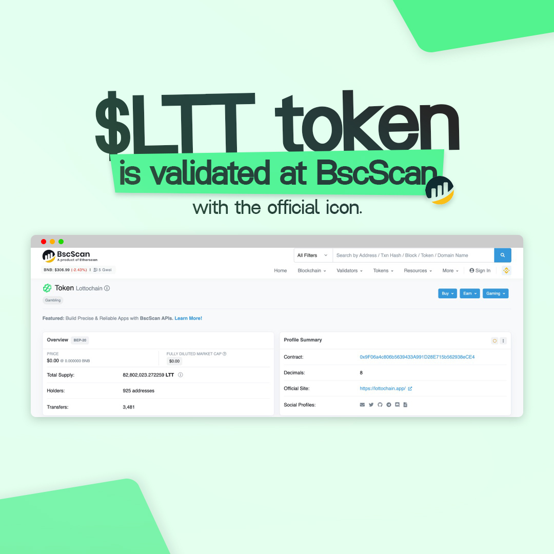 🚨🚨 Don't fall for fraudulent token scams! 

Our token is validated at BscScan with the official icon! 🍀🍀🍀 

Check out the only valid and safe address to trade LTT tokens 👇

bscscan.com/token/0x9F06a4…

#L2E #LuckToEarn #blockchain #Lottery #LTTtoken #ICO #DecentralizedLottery