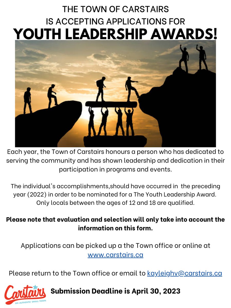 Town of Carstairs is now accepting applications for the Youth Leadership Awards.