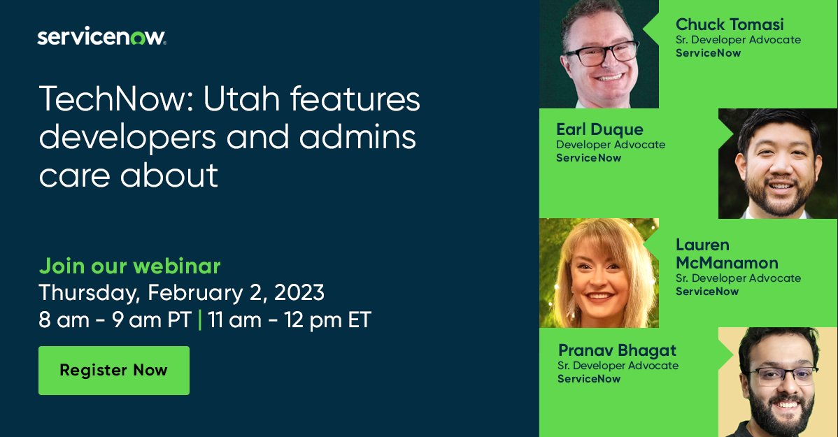 ctomasi's tweet photo. Only 3 days left to register for one of our biggest webinars of the year! Come explore the Utah features that matter to #servicenowdevs with the entire Dev Advocate crew! Register now https://t.co/ooIiEf3IEv @earliodookie @poshprogrammer @pranavbhagat06 https://t.co/3uxxpYISzM