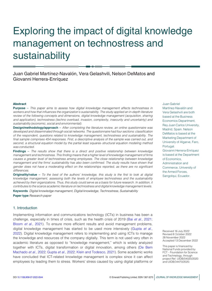 Juangabrielmn's tweet photo. Nos han publicado nuestro último trabajo “Exploring the impact of digital knowledge management on technostress and sustainability” @JournalEmerald.

@gpherrera1 #nelsondematos y #veragelashvili @URJCEmpresa @urjc @spe_espe @UAlg
#management #gestionconocimientodigital #research https://t.co/6yBAWL4oXO
