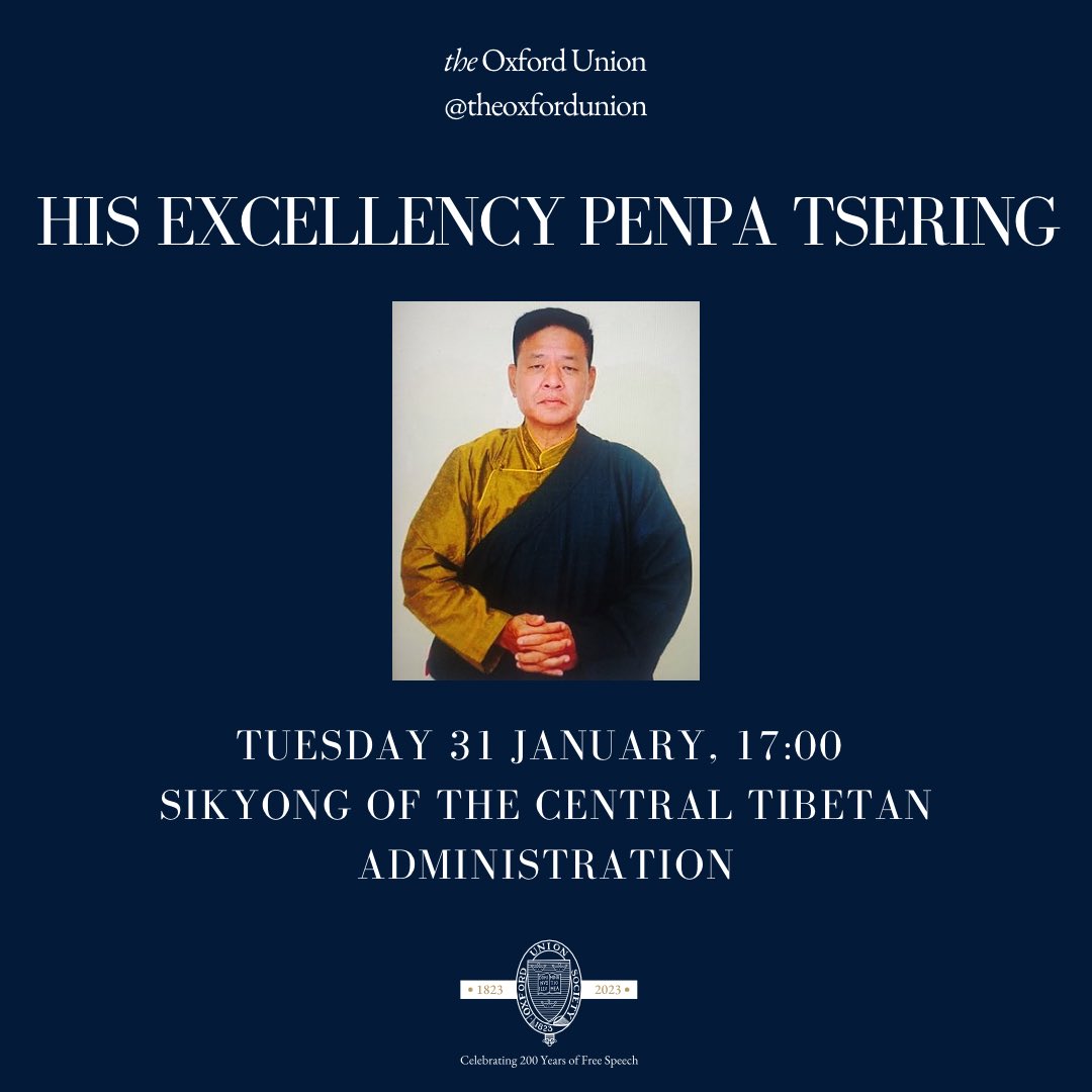 Tomorrow at 17:00, we will be hosting His Excellency <a href="/SikyongPTsering/">Sikyong Penpa Tsering</a> in our historic chamber. He is the Sikyong (President) of the Central Tibetan Administration, the Tibetan Government in Exile.

#theoxfordunion #tibet #oxford #oxforduniversity #penpatsering