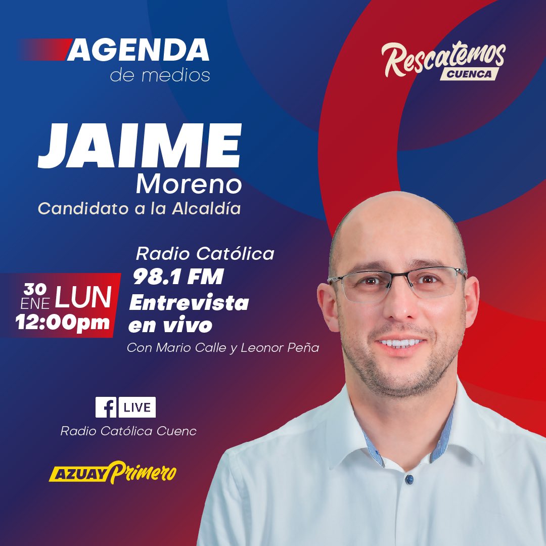 #Entrevista 

Les invito a seguirme hoy por <a href="/RadioCatolicaC/">Radio Católica Cuenca 98.1fm-98.5fm</a> .

Gracias por su apoyo. 
#RescatemosCuenca #jaimemorenoalcalde #alcaldedeverdad #JaimeMoreno 
Vota todo 82-62 ❤️💙