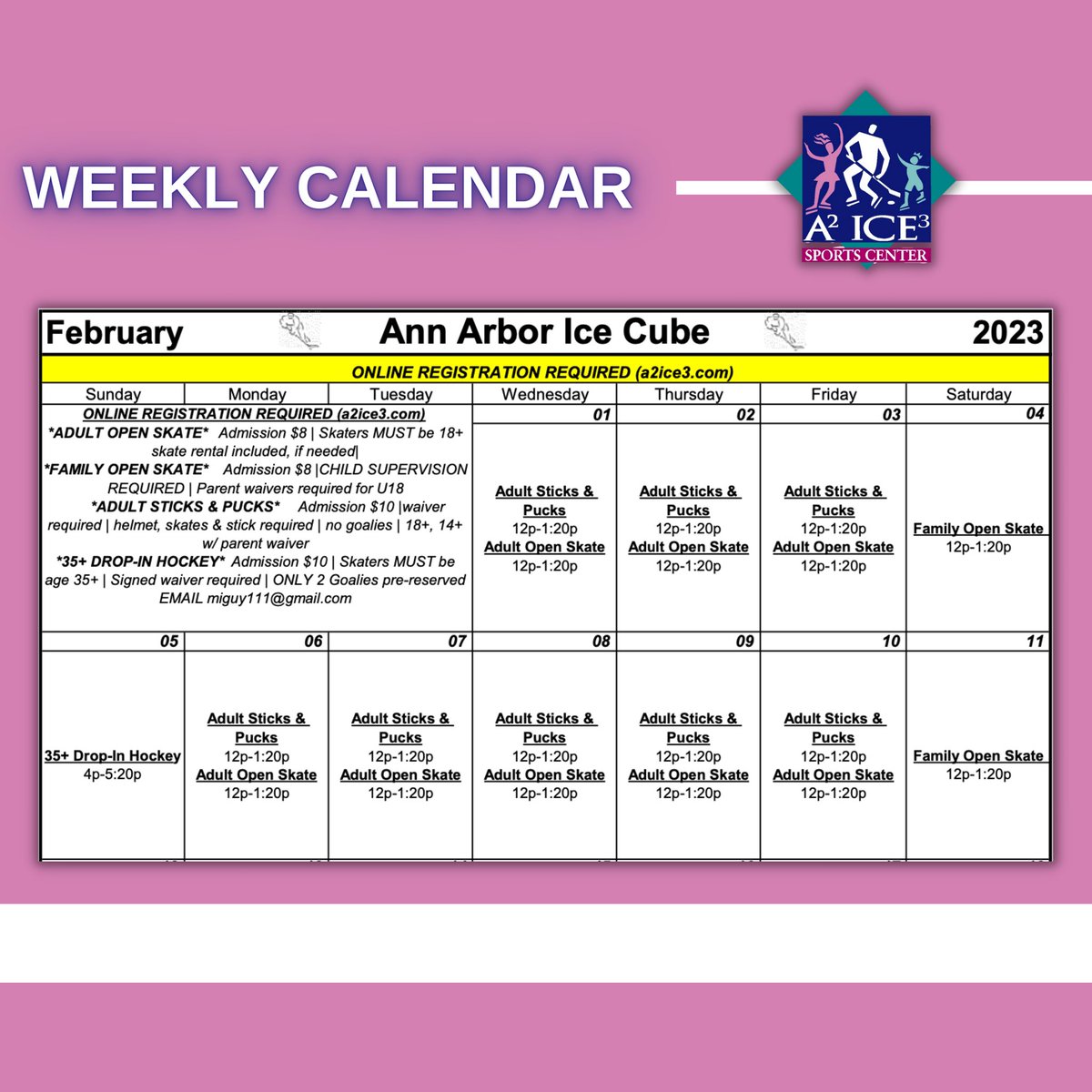 BiggbyIceA2's tweet photo. Quick look into what’s happening at the rink the next 2 weeks for drop in programs - as always continue to check the schedule on our website for the full and most up to date listings! 🗓
Join us for a great way to make Winter memories!❄️ #A2Ice3
https://t.co/HSLW3ZmTxX https://t.co/mYcXpvA0kt