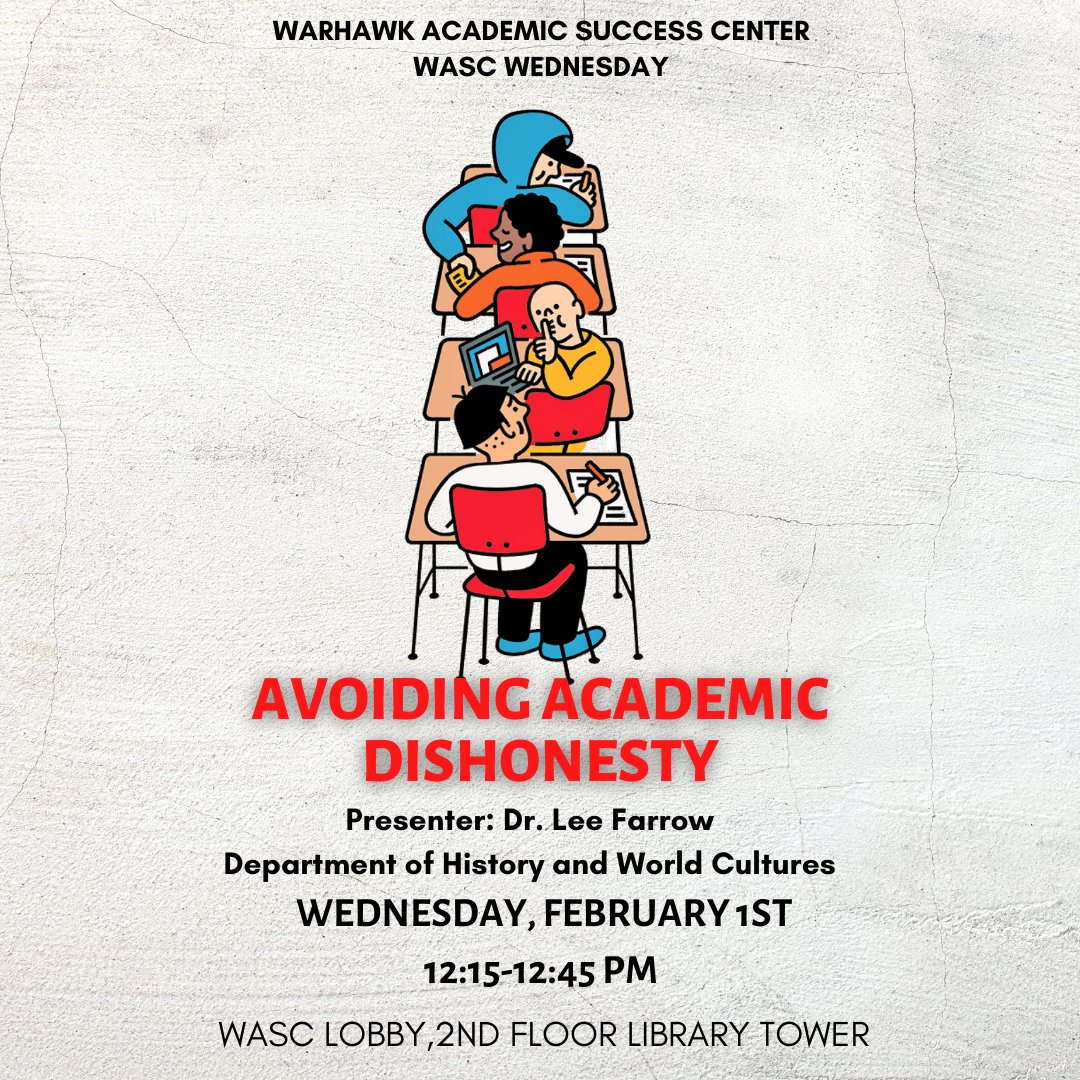 Our first WASC Wednesday of the semester is happening this Wednesday, February 1st. Come out to the WASC from 12:15-12:45 to ensure you stay academically honest. #aumwasc #studentsuccess #tutoring #academichonesty