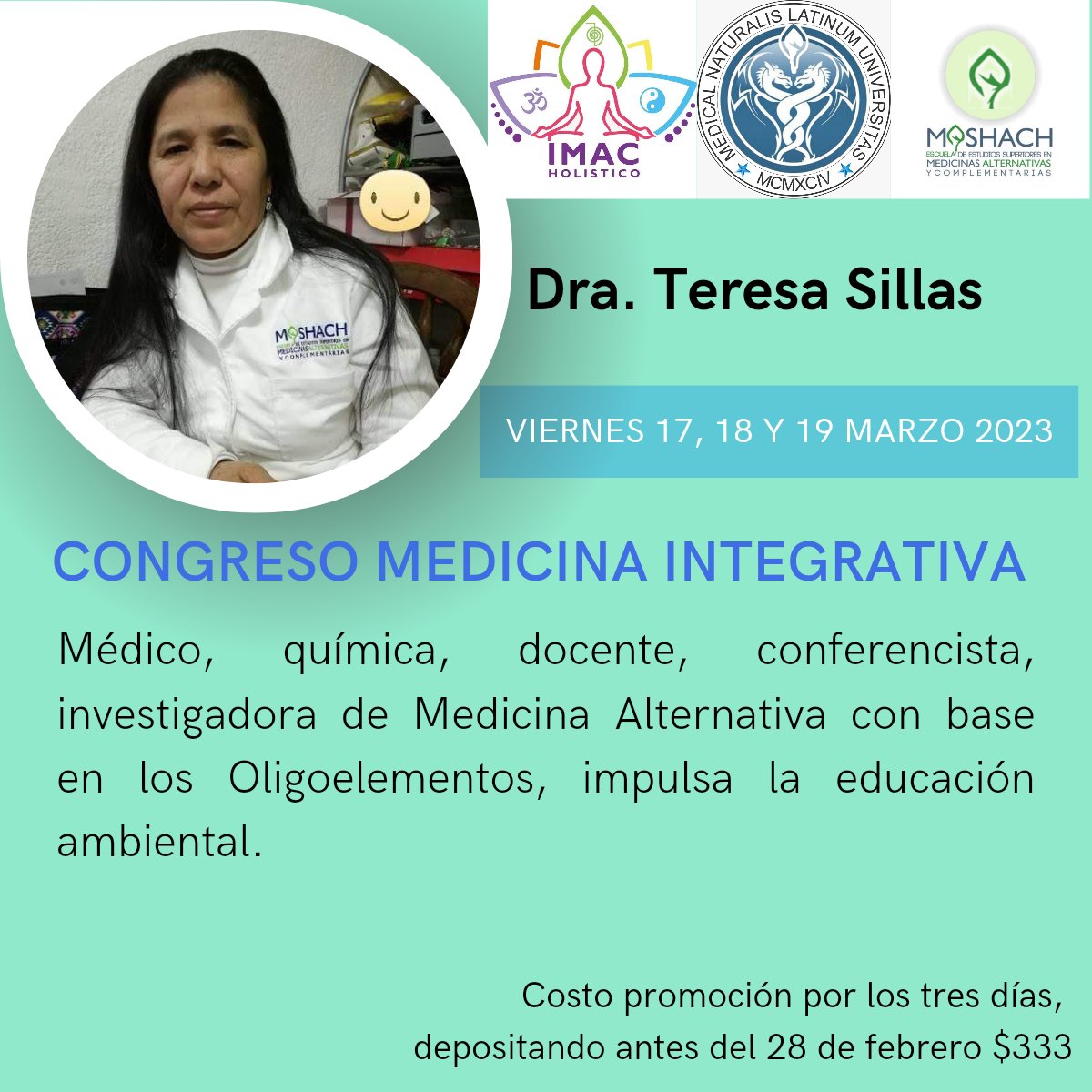 IMACholistic's tweet photo. Te presentamos a la siguiente ponente para nuestro congreso de Medicina Integrativa, por una Salud Holistica, este próximo 17,18 y 18 de marzo.

Una mujer ejemplar, muy activa, impulsa y comparte su conocimiento para el bien de la humanidad. 

#oligoelementos #congreso #mexico https://t.co/BpVIslsK6t